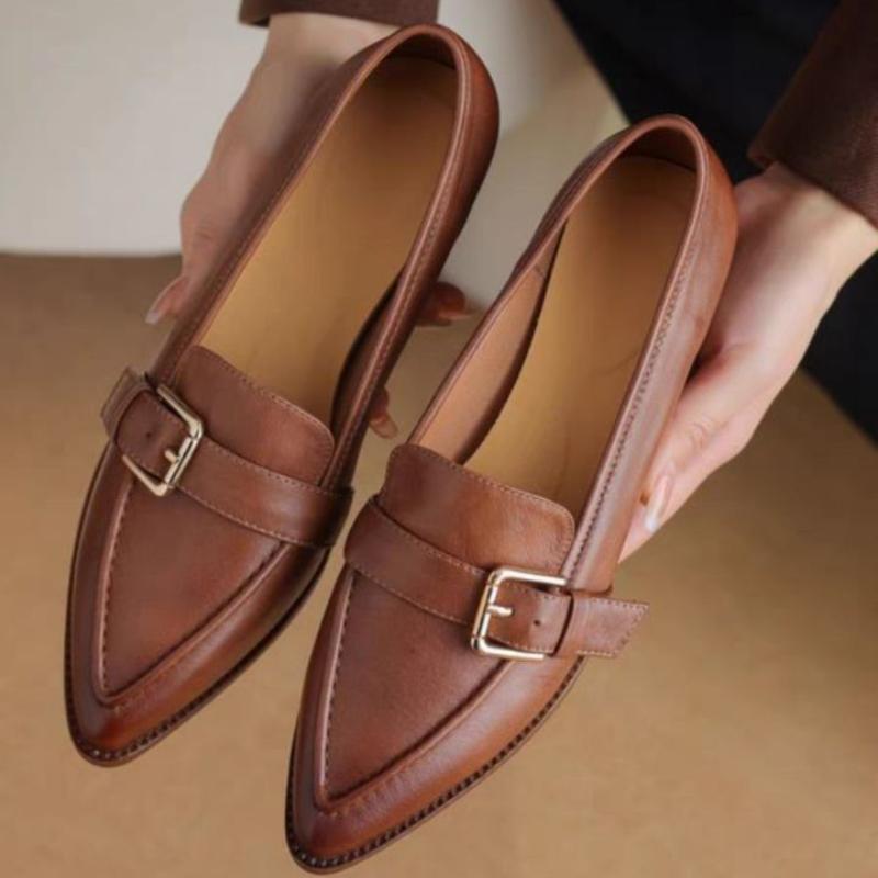 Fashion 2025 New Vintage Thick Heels Women Pumps Retro Buckle Genuine  Mature Pointed Toe Office Lady Working Spring Summer Shoes Woman