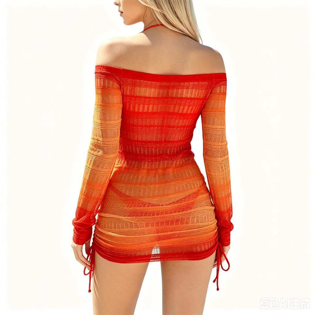 Women Mesh Long Sleeve Cover Up Bikini Set Three Piece Includes Sheer Off Shoulder Dress and Two Piece Swimsuit for Beach Pool Vacation
