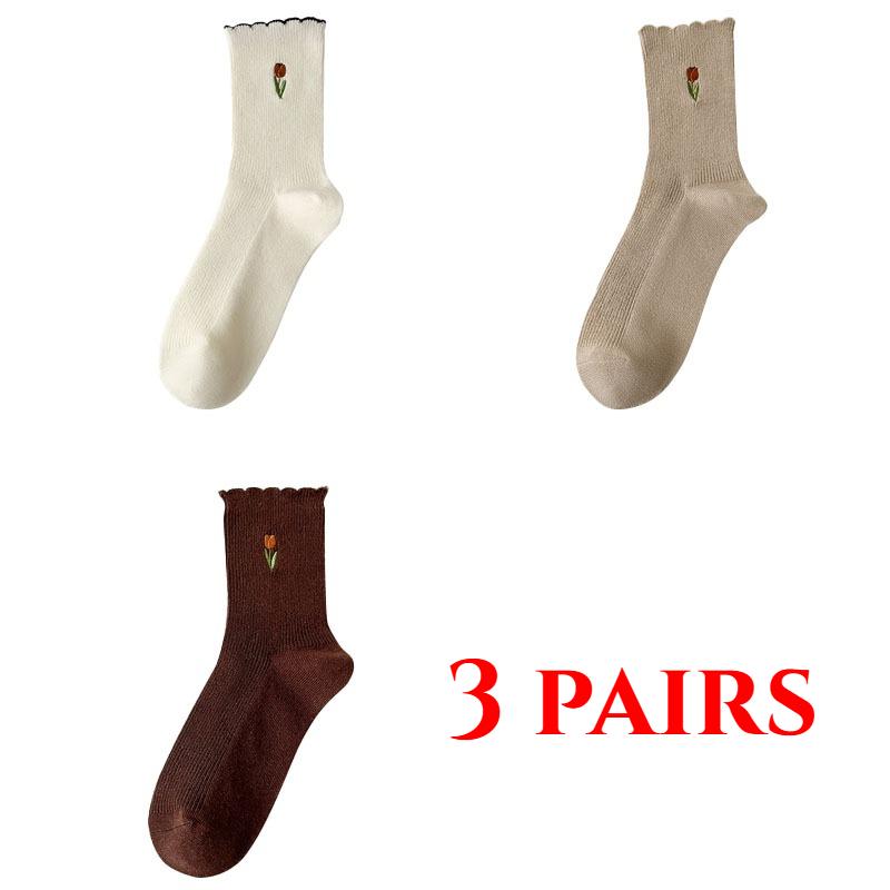 3 Pairs of Women's Socks Set Spring and Summer Thin Breathable Ruffle Edge Socks All Cotton Cute Women's White Printed Socks