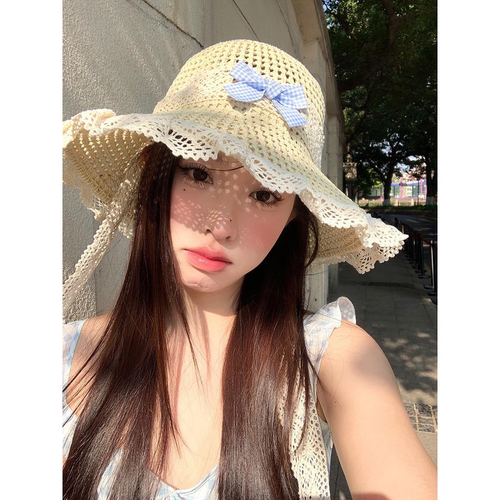 Trendy Japanese Country Style Beige Straw Fisherman Hat With Lace And Bow Detail