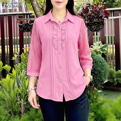 Blusa Casual para Mujer con Cuello Solapa, Encaje y Mangas 3/4