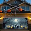 Halloween garage door banner featuring a spooky graveyard scene with bats, full moon and skull decorations