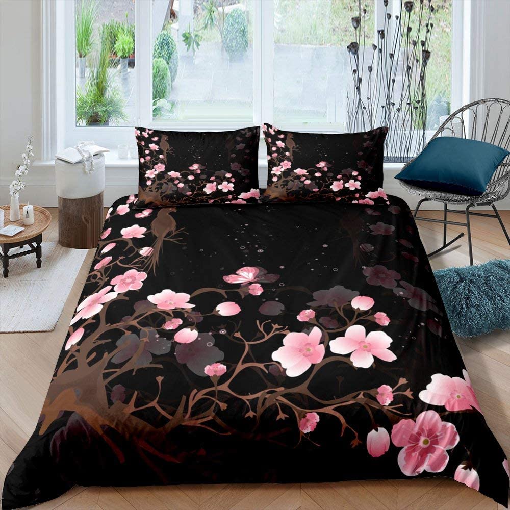 Cherry Blossoms Bedding Set Pink Floral Comforter Cover For Girl Teen Women Petal Flowers Duvet Cover Microfiber Bedspread Cover