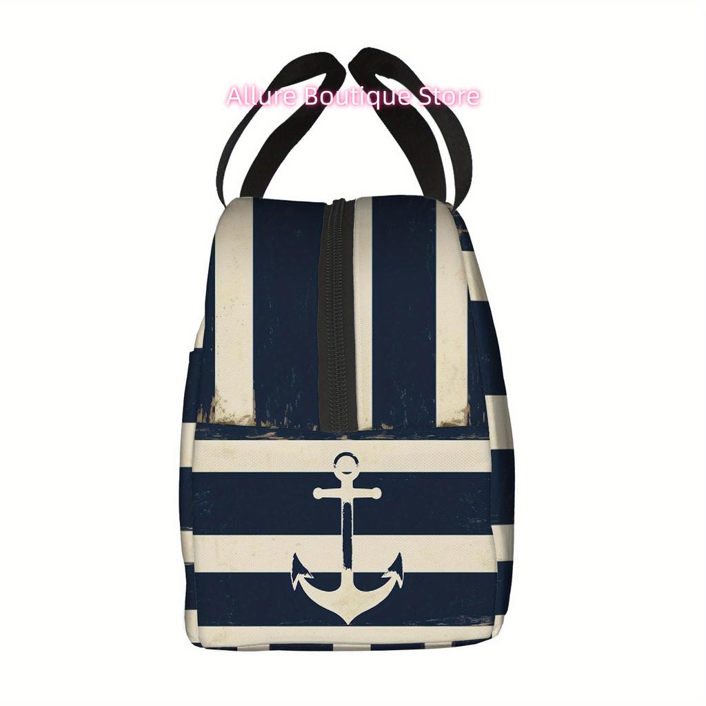 1pc Nautical Anchor Design Printed Thermal Insulated Bag, Non-Food Contact, Unisex Portable Reusable for Home, Restaurant, Offic