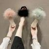 One-word drag female elegant 4335 open-toed thick heel high heels crystal fluff large size square head summer