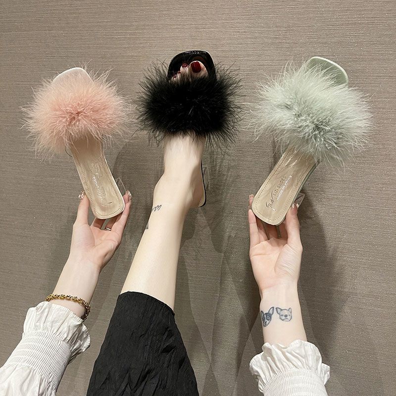 One-word drag female elegant 4335 open-toed thick heel high heels crystal fluff large size square head summer