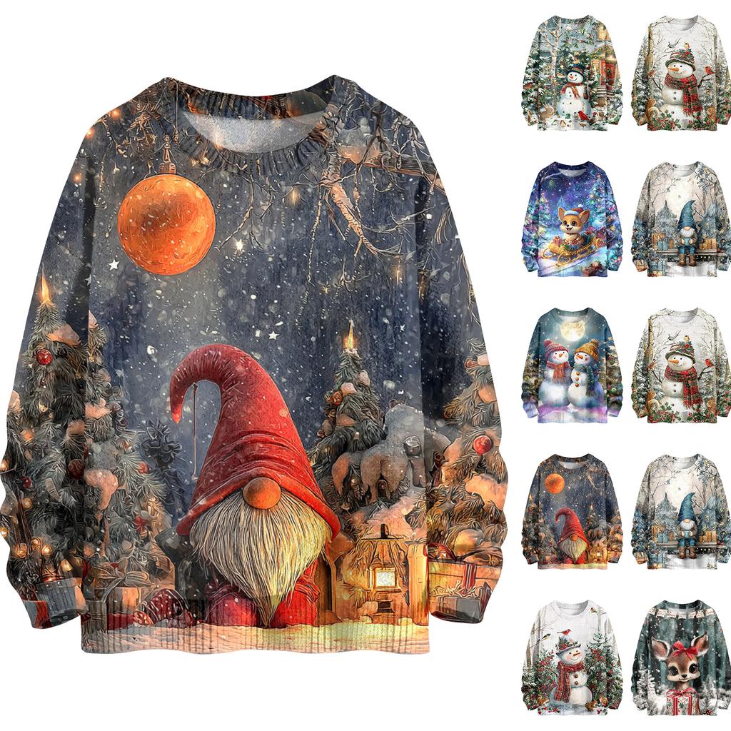 Women's Fashion Casual Long Sleeve Christmas Printed Round Neck Knitted Top