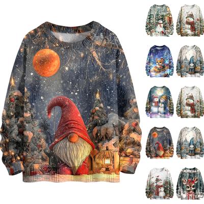 Damenmode Lässig Langarm Weihnachten Bedruckt Rundhals Strickoberteil