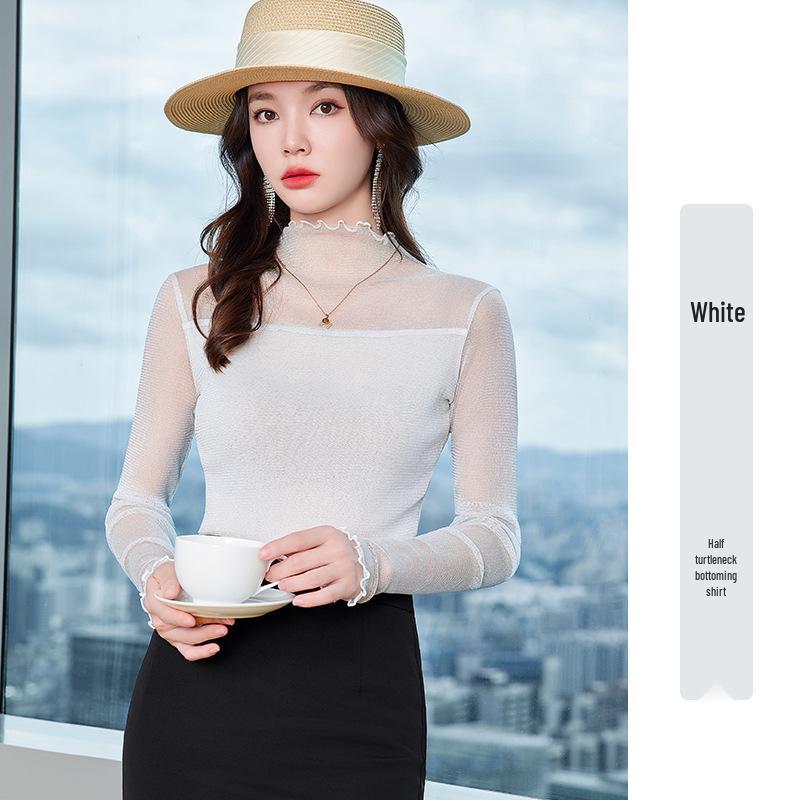 

Женская рубашка из люрексовой сетки с кружевом - Осень 2025 Топ с длинным рукавом и полувысоким воротником XXXXL