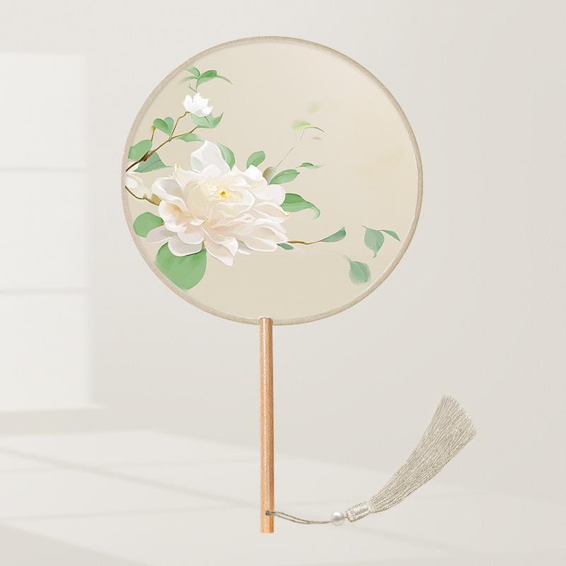 Girls' Summer Hanfu Dance Fan: Long Handle, Double-Sided Embroidered Round Fan for Traditional Costume