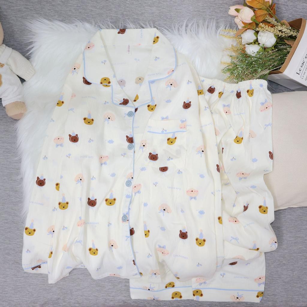 Cloud pure cotton yarn pajamas women's long-sleeved trousers spring and autumn suit cute puppy girl cardigan loungewear summer