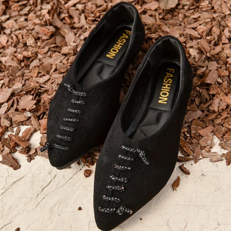 Fashion Retro Pointed Toe Shallow Mouth Flat Single Shoes Women's Spring New Cloth Front Lace-up Soft Slip Non-slip Low-top Shoes