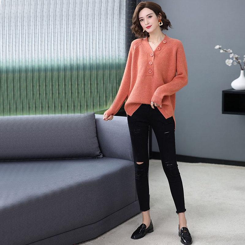 Sweater Women's Pullover Knitwear V-neck Korean Solid Color Loose Casual Top Trending Sweater Autumn and Winter Tops Lady Style