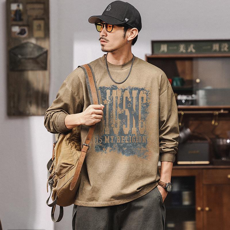 Fat Crew Neck American Vintage Pattern Printed Men's T-Shirt--Lightweight and wrinkle-resistant, versatile commuter long-sleeved sweater