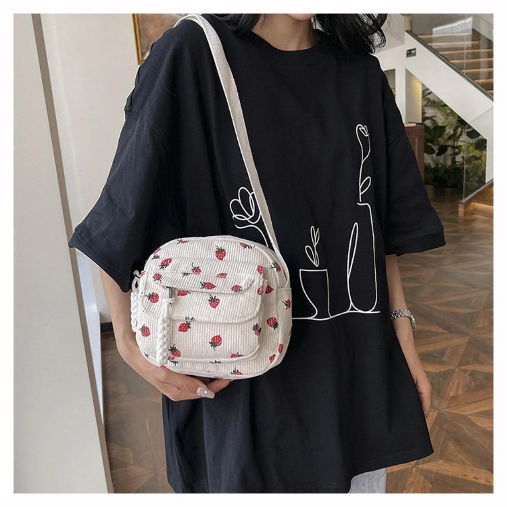 Fashion Printing Strawberry Crossbody Bag Zipper Corduroy Sweet Shoulder Bag Women Girl Gentle Handbag