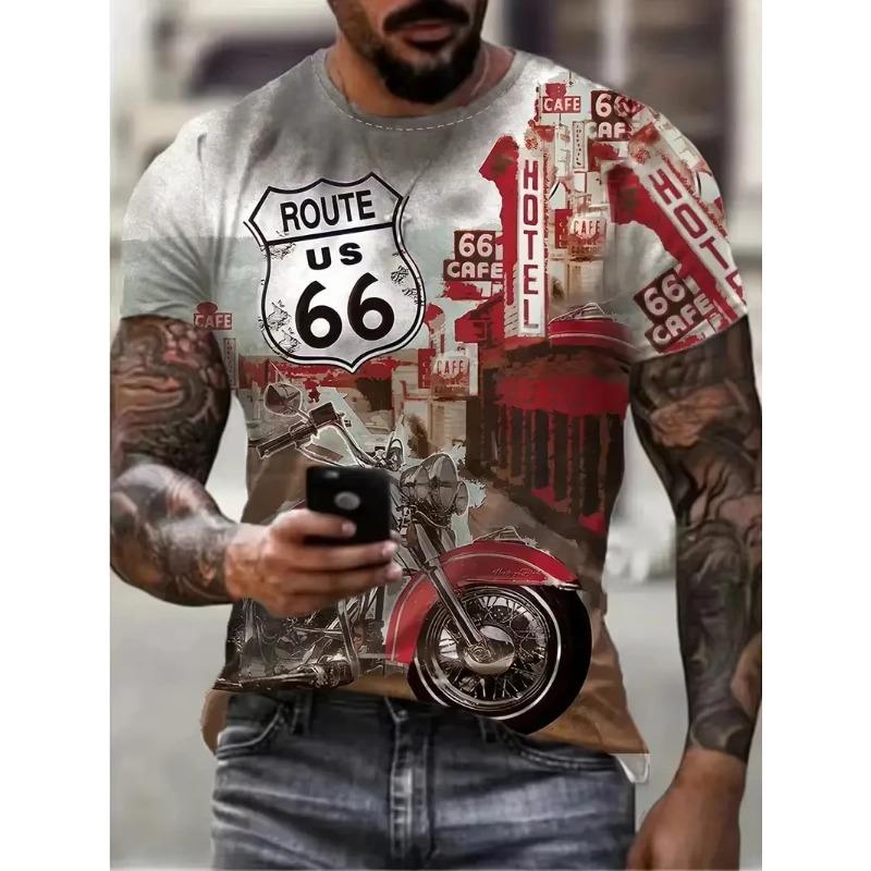 3D Printed Retro America Route 66 Men's T-shirts Vintage Men Clothing