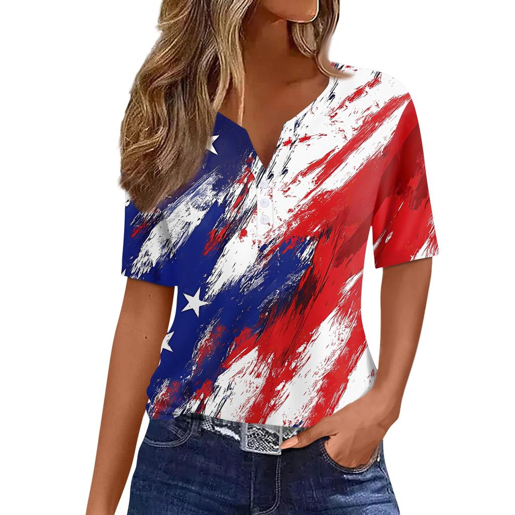 Women's T Shirt Independence Day Print Button Short Sleeve Daily Weekend Fashion Basic V- Neck Regular Top