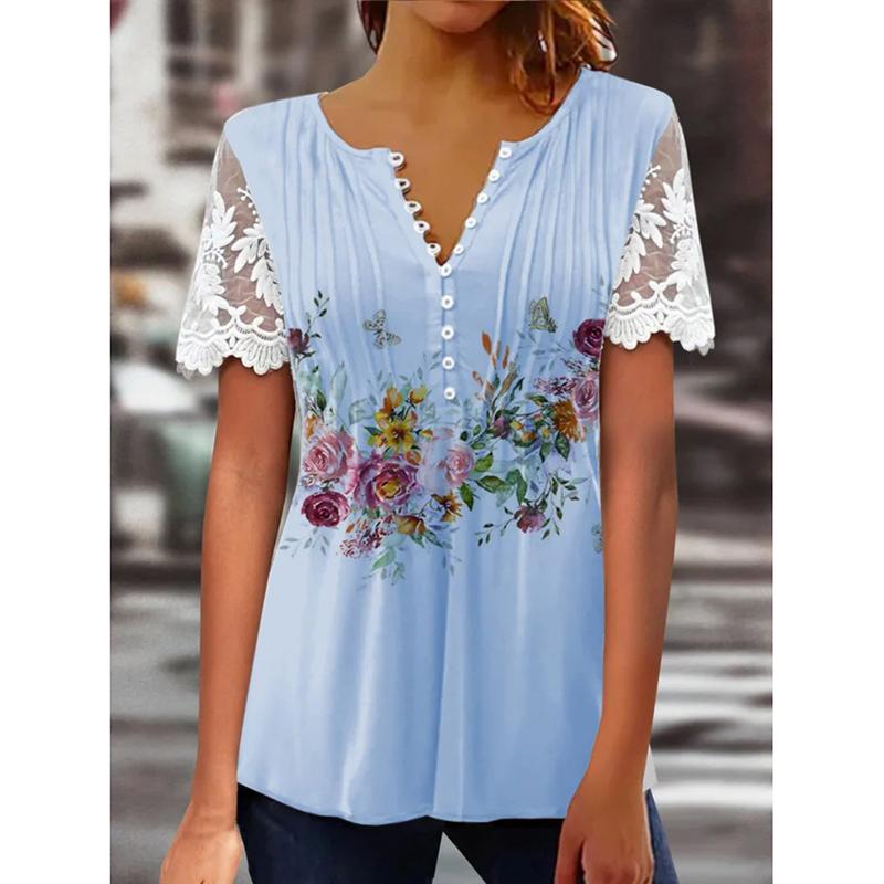 Sommer Neue Blumendruck Beiläufige Lose Blusen Frauen Mode Elegante Vintage Rüschen Spitze Kurzarm Shirts für Frauen Rundhals Slim Fit tops 26515