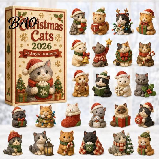 Cat Countdown Calendar Christmas Advent Calendar, 24 Day with Cute Ornaments, Festive Room Decor 2D Acrylic Kitty Holiday Decorations, Gift for Kids,