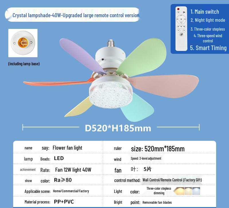 E27 Crystal Ceiling Fan Light with Remote Control - LED Six-Blade for Bedrooms