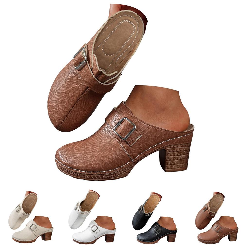 Chunky Heel Closed Toe Round Toe Women'S High Heels Leather Solid Color Memory Foam Sandals Women Fisherman Sandals For Women