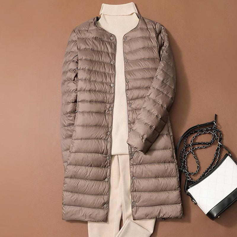 Large size light and thin down jacket women's medium and long autumn and winter warm round neck hidden button thin casual liner jacket tide