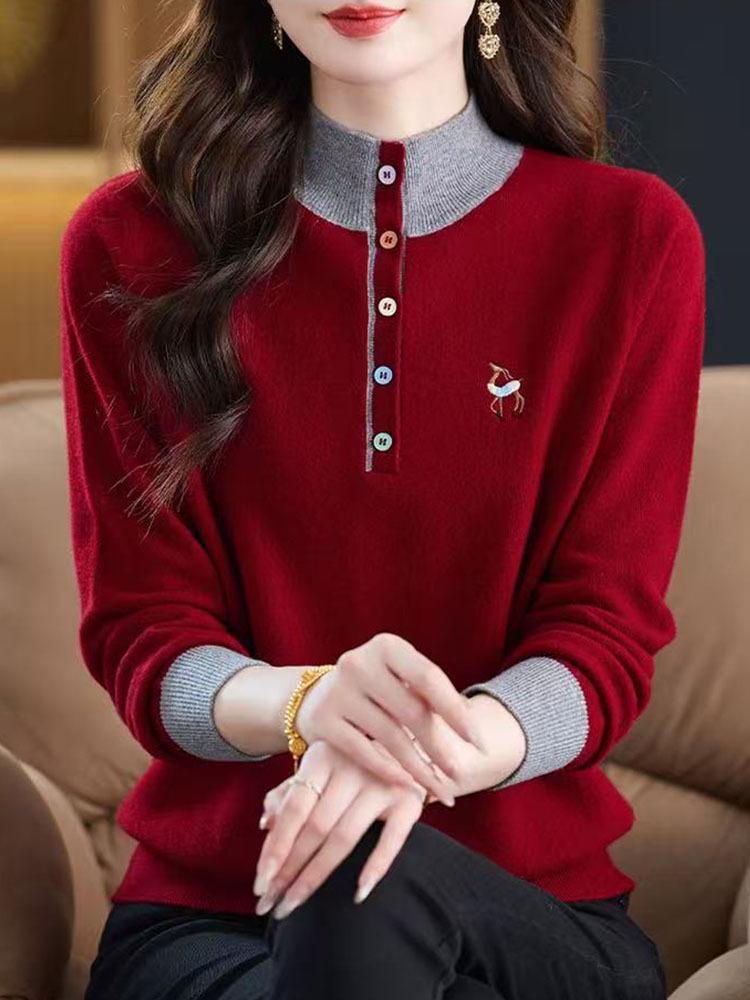 2026 Women's Stylish Loose Fit Color Block Embroidered Red Wool Sweater Base Layer