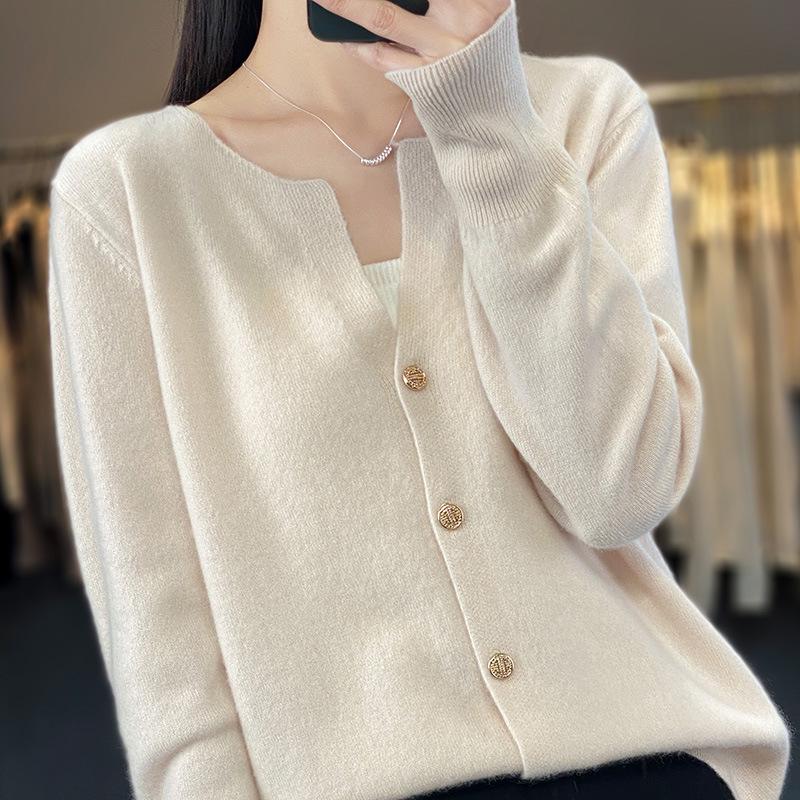 2023 Women's Pure Wool V-Neck Cashmere Cardigan - Solid Color Knit, Loose Fit