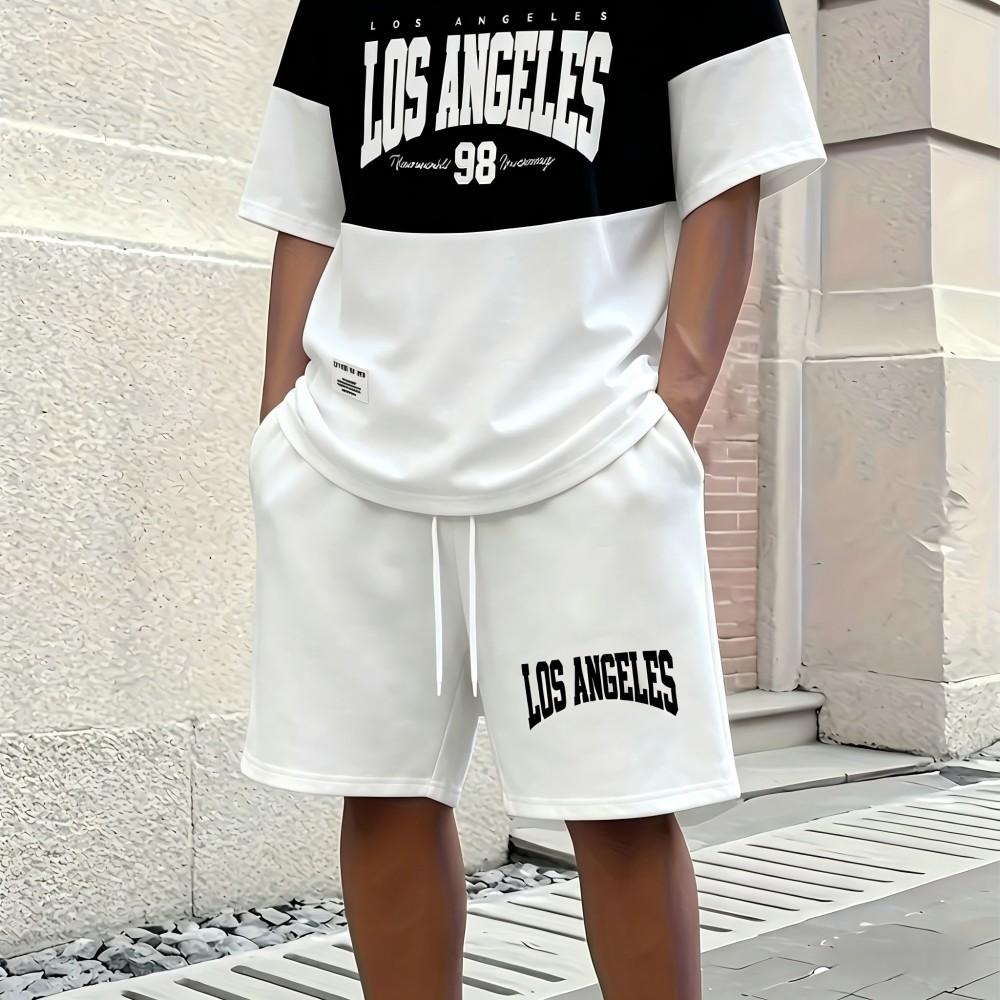 Men's Summer Retro Letter Printed Comfortable Breathable Round Neck T-shirt Drawstring Shorts Set Outdoor Casual Clothing