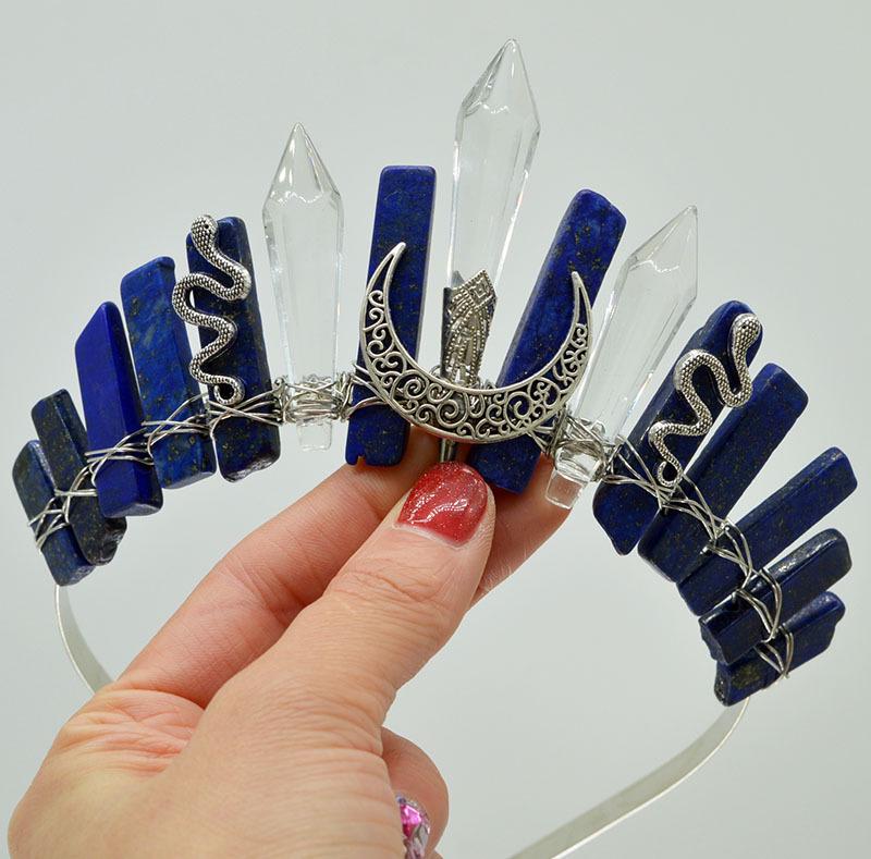 Handmade Natural Crystal Snake Moon Crown Headband for Halloween and Birthdays