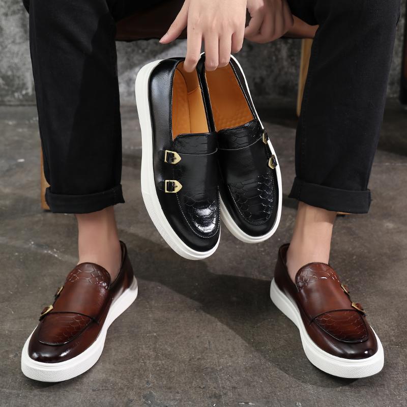 New Black Men Sneakers Slip-On Solid Double Buckle Brown Platform Shoes Men's Vulcanize Shoes  Size 38-46