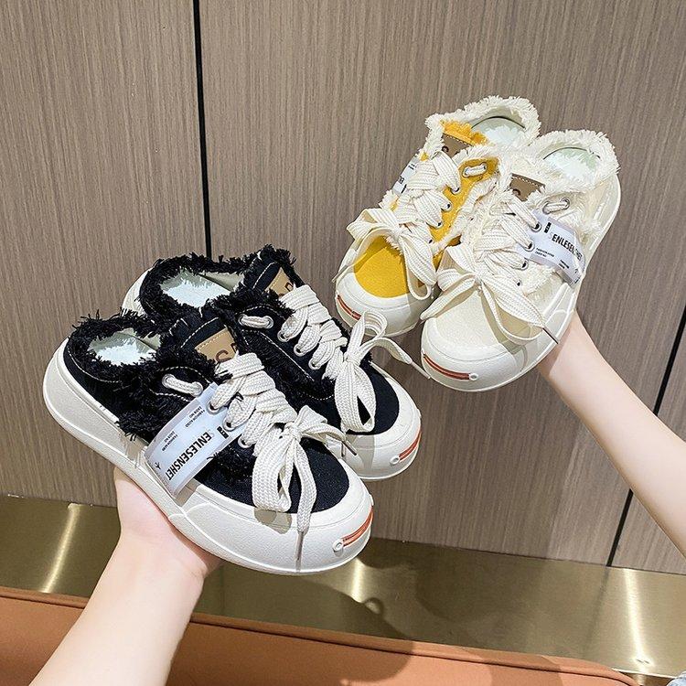 Foreign trade baotou half slippers 2025 summer new muffin platform front lace-up fashion casual sports canvas shoes