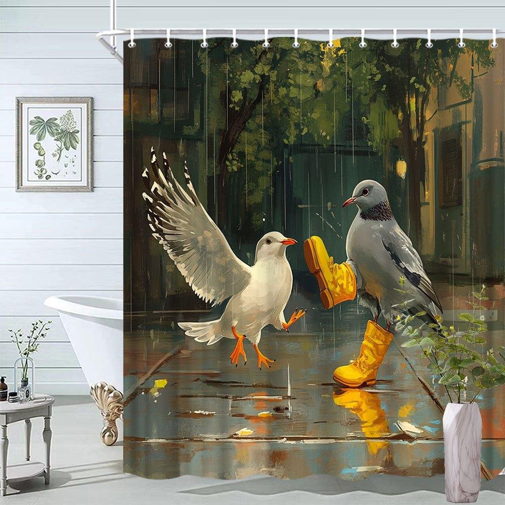 

Funny Shower Curtain - Seagulls & Pigeons in The Rain, Interactive Design, Polyester Bathroom Decor, 12 Hooks W90xH180cm