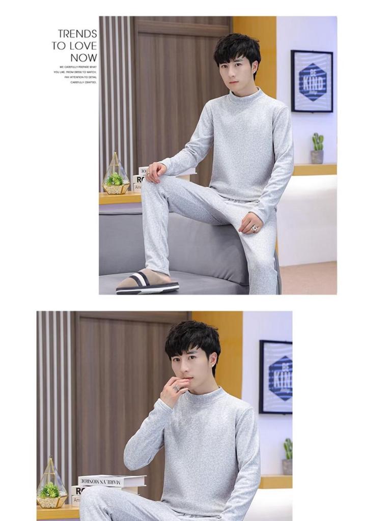 Men's Autumn/Winter Warm Fleece Pajama Set - Half-High Collar, Solid Color, Middle-Aged & Elderly