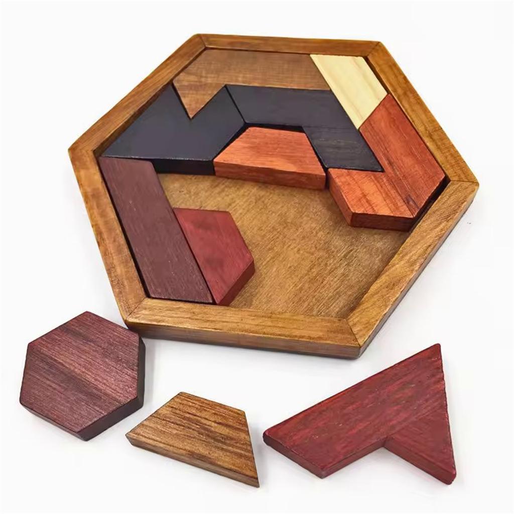 Hexagonal Wooden Puzzles IQ Game Educational Toys For Children Kids Adults Tangram Board IQ Brain Teaser