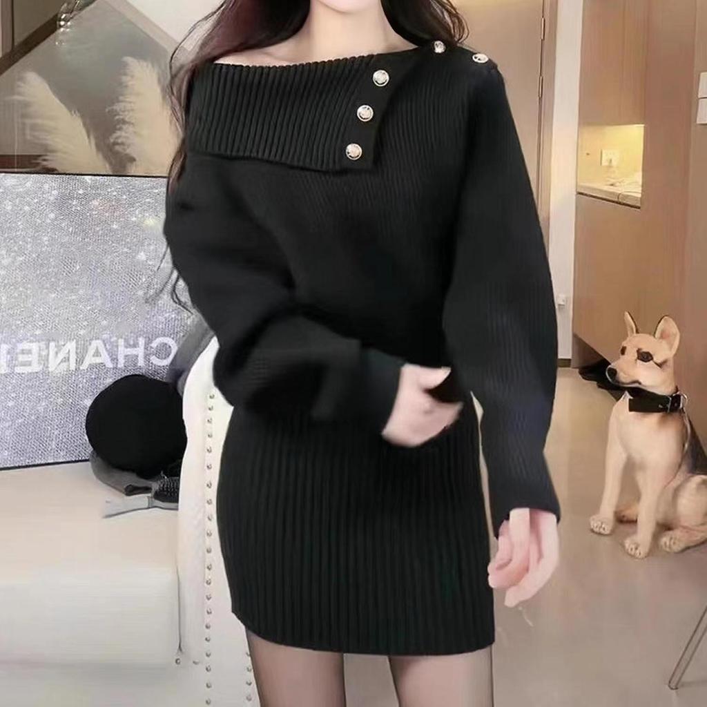 Koreansk stil mini strikket ett stykke kjole kvinner skråhals langermet grå kjoler vintage høst vestidos