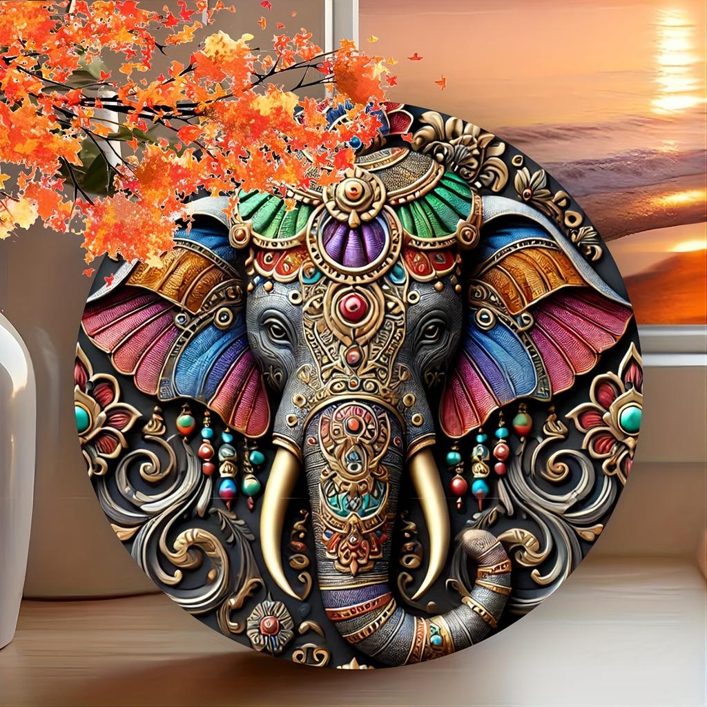 Vintage Indian Elephant Metal Round Tin Sign - Unique Wall Hanging Decor for Living Room, Home, Garden