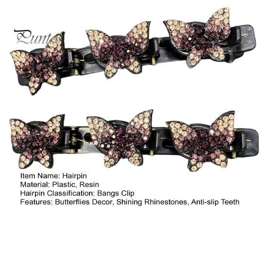 2Pcs Women Hairpins Sparkling Faux Crystal Butterflies Decor Braided Hair Clips Double Layer Bang Hair Pins