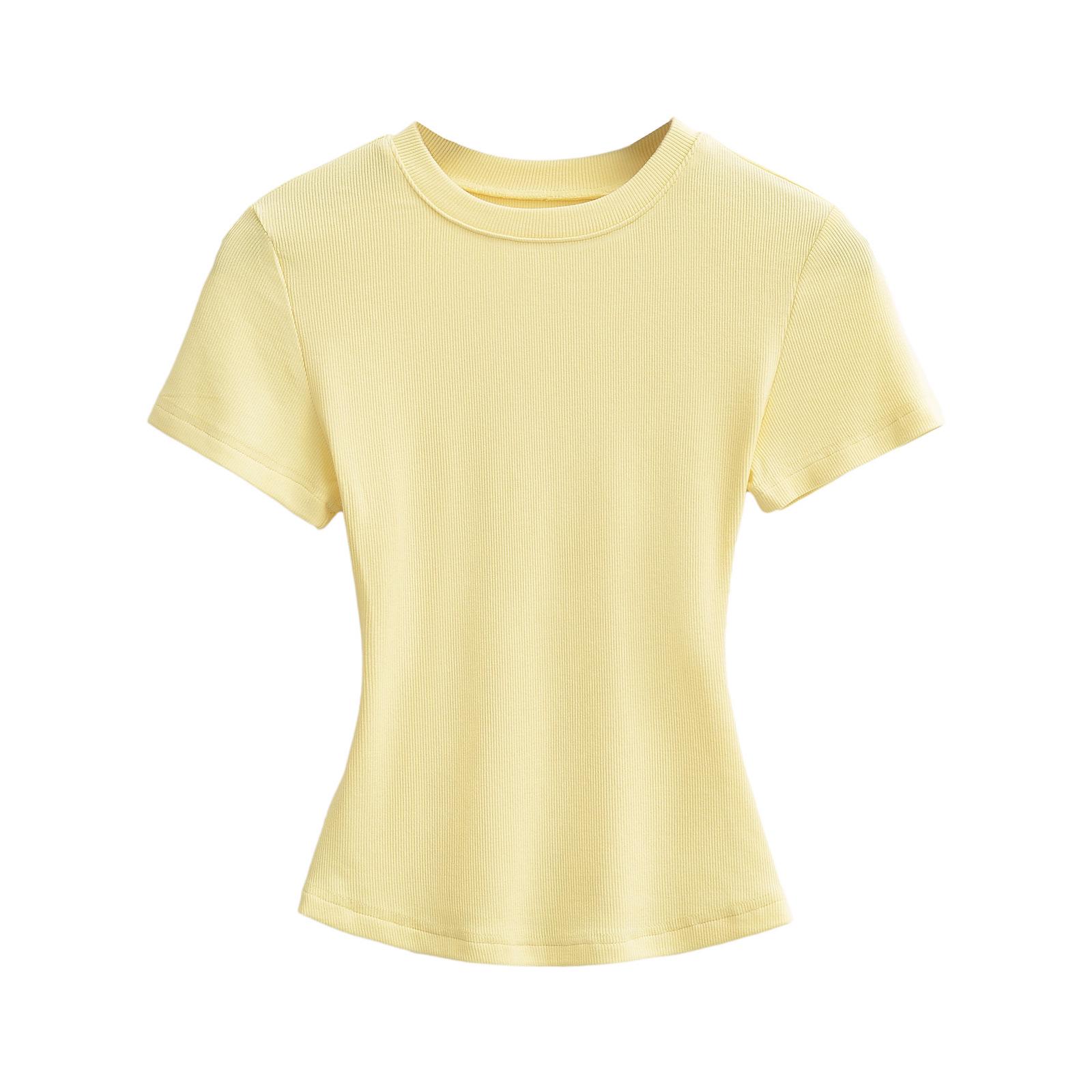 

Женский летний эластичный облегающий рубчатый кроп-топ - Круглый вырез, Короткий рукав, Однотонный S