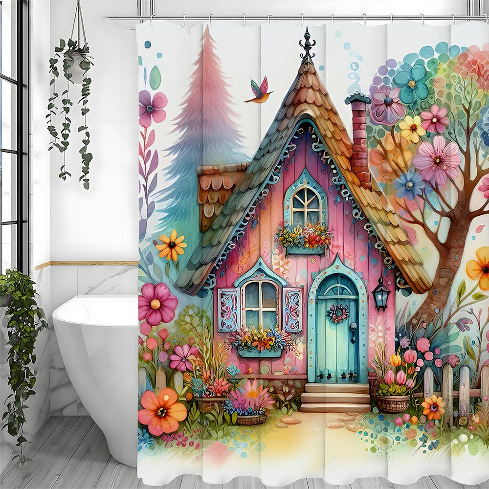 Cartoon Watercolor House Tree Flower Shower Curtain, Bathroom Decorative Shower Curtain, Waterproof Shower Curtain with Hooks