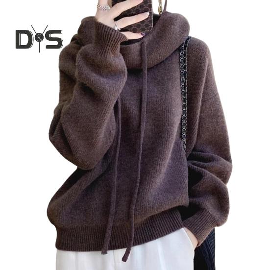 Damegenser Pelskrave Snøring Hette Langermet Strikketopper Ensfarget Casual Løs Passform Strikkeplagg