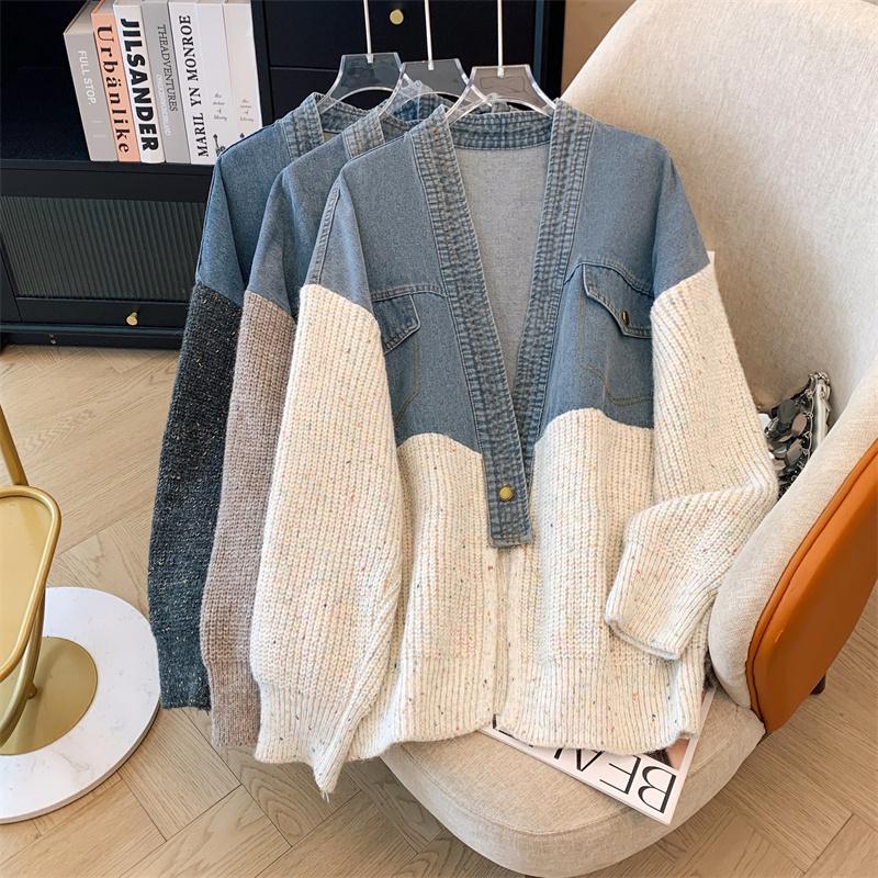 Women's Vintage Denim Patchwork Sweater Coat Woman Autumn and Winter Thickened Loose Cardigan