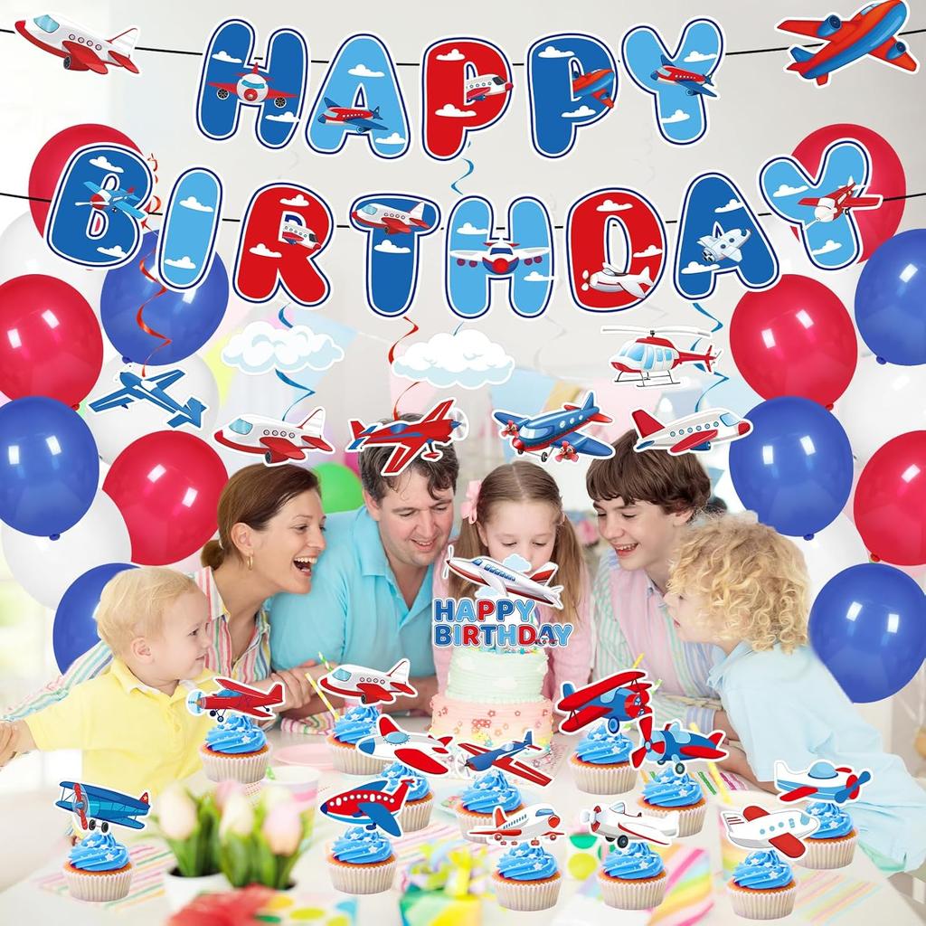 Airplane Birthday Party Decorations - 49PCS Airplane Themed Party Decorations with Banners Balloons Cupcake Toppers Hanging Swirls Plane Birthday