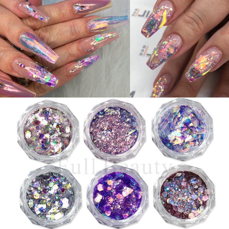 Nail Glitter, Lavender Purple Aurora Opal Sequin Glitter 6-Color Set Nail Glitter
