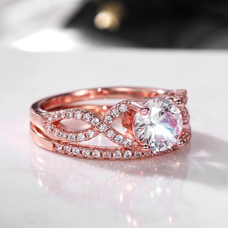 Set de inele dublu stivuibile de culoare aur trandafir nou, accesorii chic pentru femei, zirconiu complet, bijuterii de petrecere pentru femei, inele estetice 2 buc.