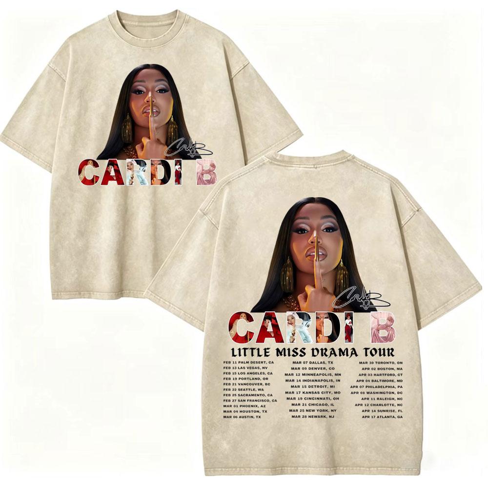 Vintage Washed Rapper Cardi B Graphic T Shirts Little Miss Drama Tour 2026 Tshirts Men Women Clothing Hip Hop Fashion Tshirt