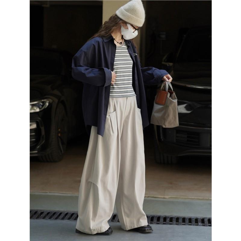 Johnature Japanese Relaxed Large-pocked Elastic Waist Trousers Structured Pants Women Casual Pants For Autumn Winter