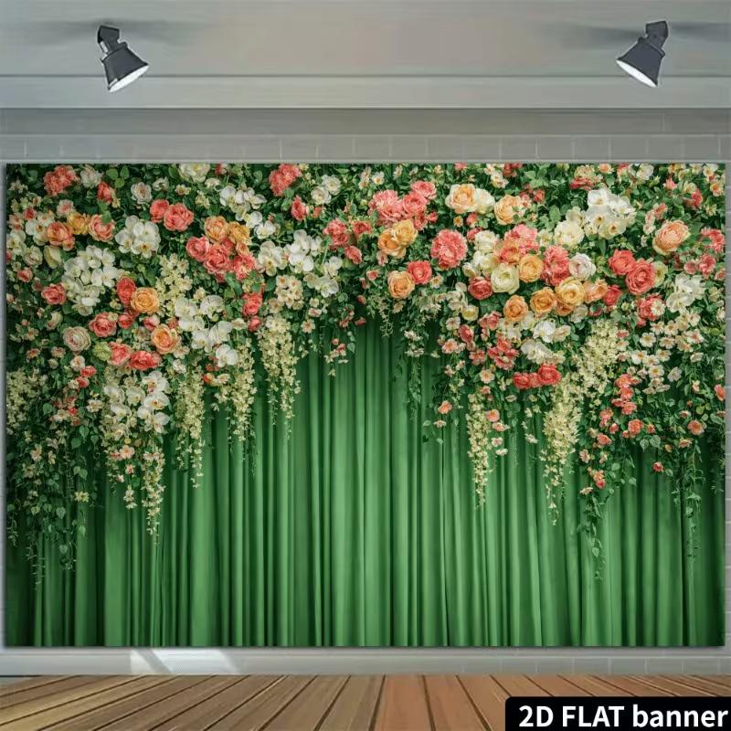 2D Elegant Floral Top Green Curtain Photography Background