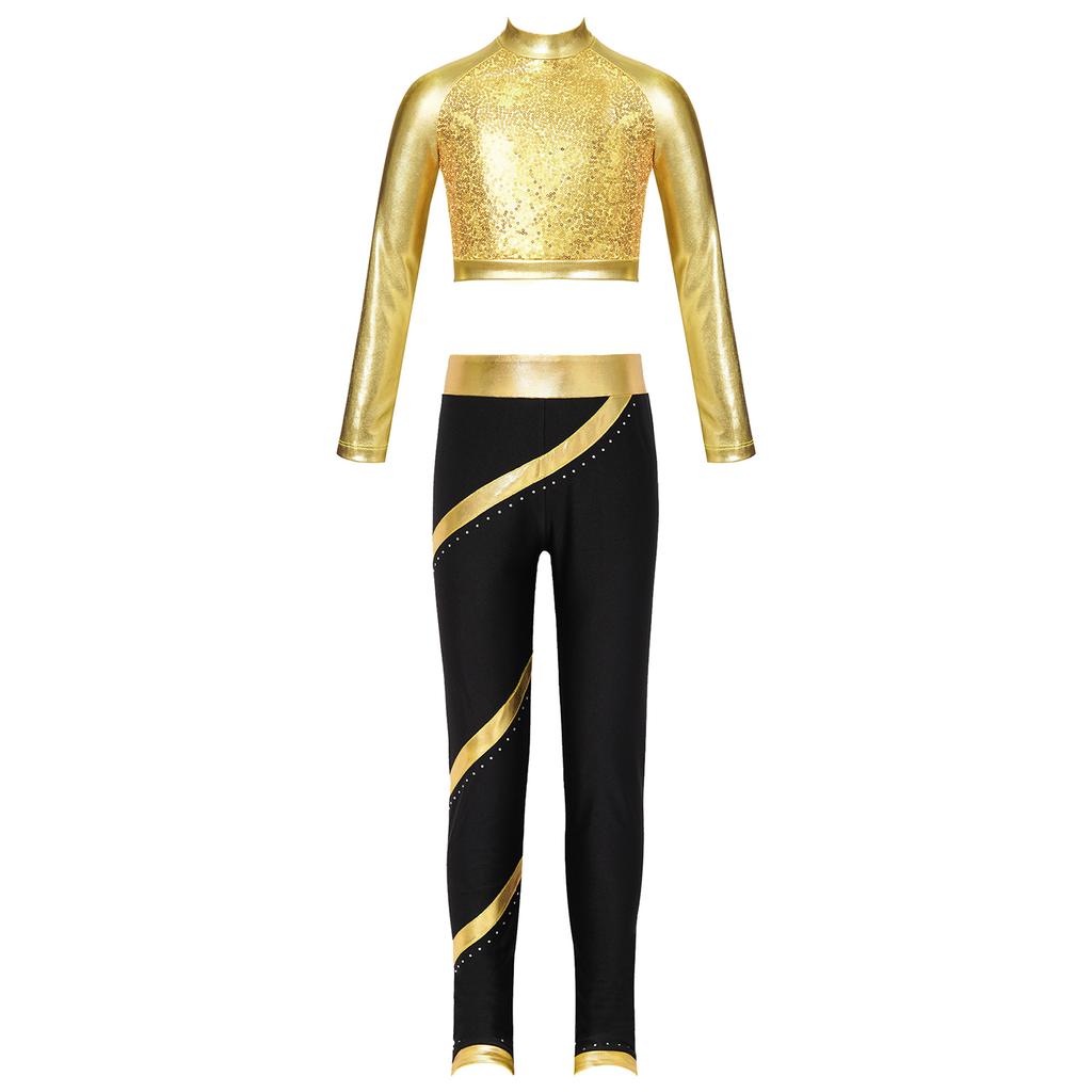 Girls Figure Skating Outfit Mock Neck Long Sleeve Sequin Shiny Crop Top Metallic Striped Pants Dance Costume