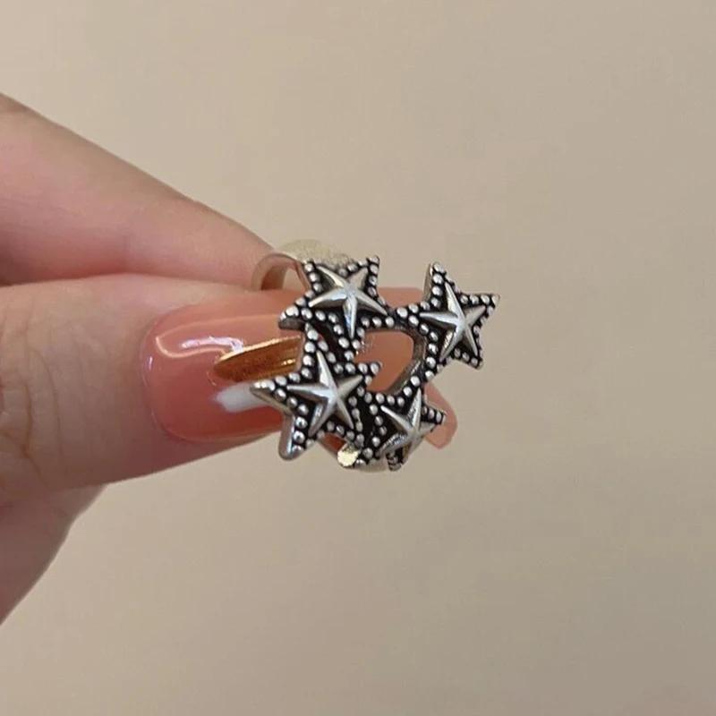 Y2K Style Crystal Pentagonal Star Ring for Women Romantic Moon Hollowed Out Star Personality Metal Finger Rings Fashion Jewelry